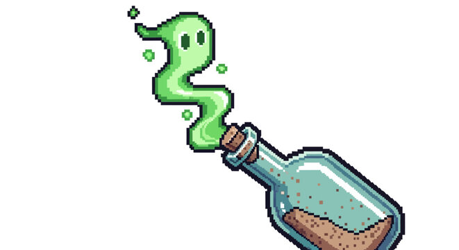 Ghost Escaping From A Potion Bottle Pixel Art.