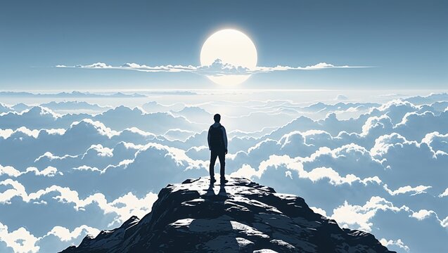 Silhouette person standing on mountain peak above sea of clouds at sunrise achievement concept