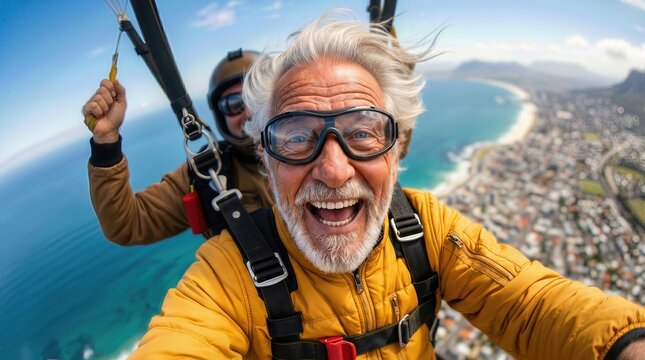 Senior man with gray hair and glasses smiles widely while paragliding over a coastal city, with ocean and mountains visible in the background