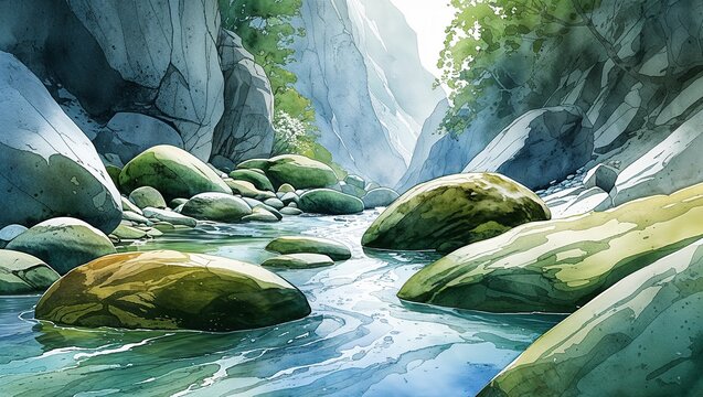 Moss covered rocks in mountain stream flowing through canyon gorge with watercolor painting style nature scenery concept