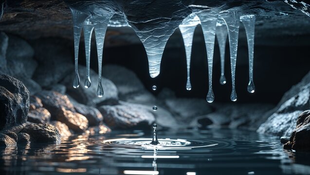 Icicle water droplets falling into cave pool with ripple effect nature freeze concept