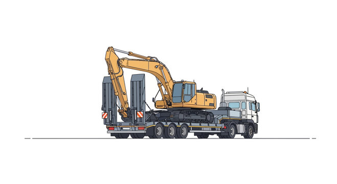 Heavy duty semi-truck hauling a powerful yellow excavator on a lowboy trailer, illustrating construction site logistics and infrastructure development