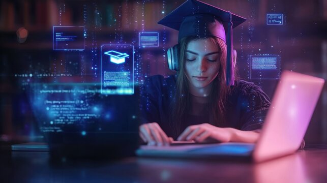 focused graduate in mortarboard and headphones typing on laptop amid glowing holographic educational and code interfaces, determined late night study
