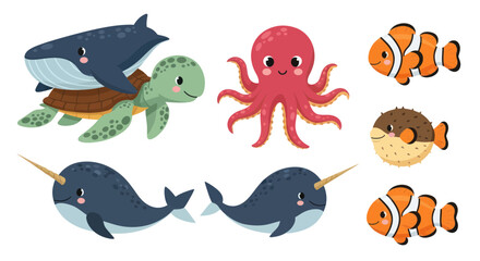 Cute Sea Creatures Cartoon Illustration: Whale, Turtle, Octopus, Narwhals, Clownfish, Pufferfish © nad