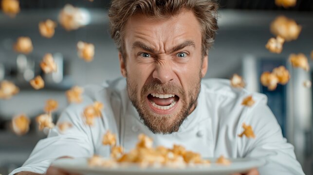 Male chef with blond hair in white uniform expresses frustration while throwing popcorn from a plate in a modern kitchen environment with blurred background elements