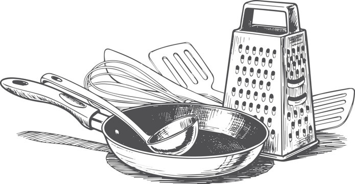 Kitchen utensils with pan, grater, whisk, and ladle
