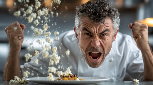 Male chef with gray hair expresses frustration while throwing popcorn in a modern kitchen, with a plated dish on the table and blurred kitchen equipment in the background