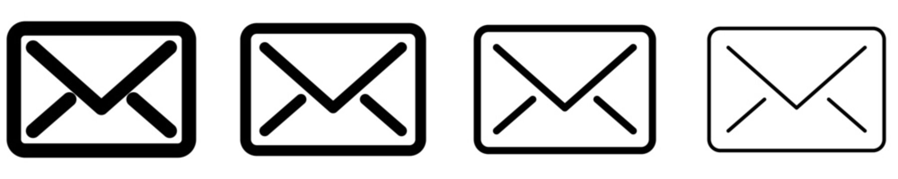 Set of linear mail envelope icons with different line weights. Minimalist symbols for visualizing email, incoming messages, and contact information. Vector illustration.