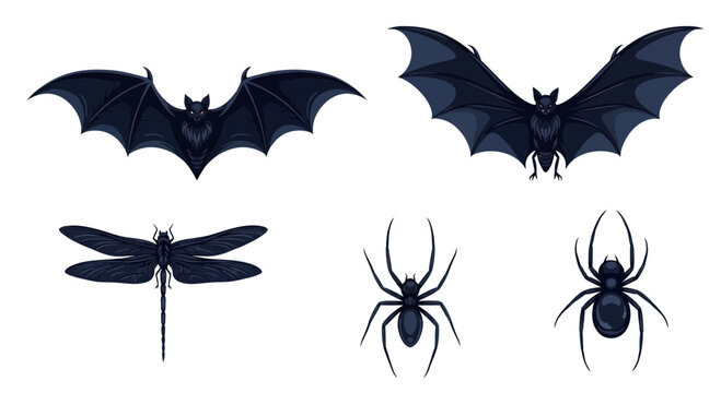 Halloween Insects and Bats Silhouette Vector Set