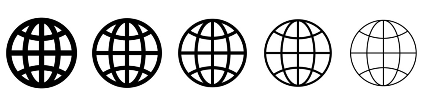 Set of linear globe icons with meridians and parallels with different line weights. Minimalist symbols for visualizing global network or international communication. Vector illustration.