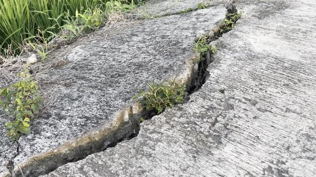 Long Deep Crack in Weathered Concrete Road Surface