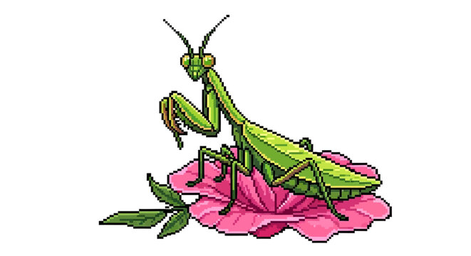 Green Praying Mantis Insect Perched on Pink Flower Petals.