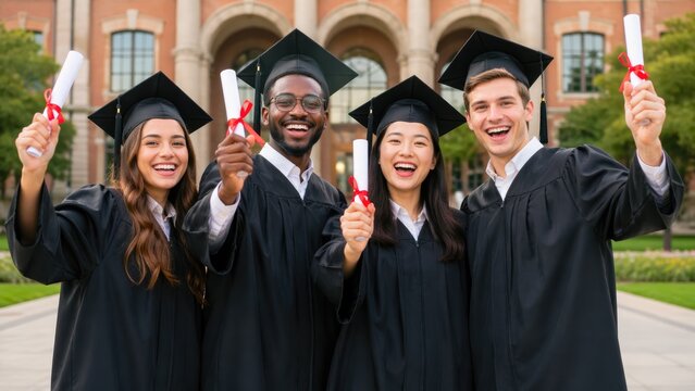 Cheerful Diverse University Graduates Celebrating With Diplomas on Campus