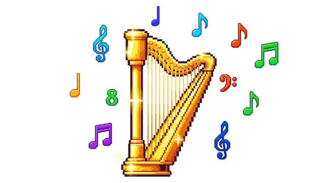 Golden Harp Surrounded by Colorful Musical Notes.