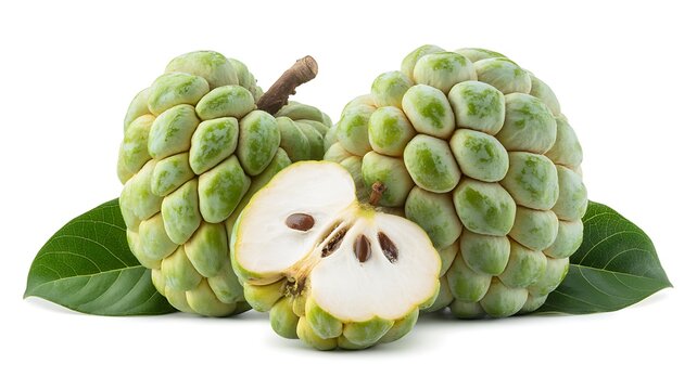 Green custard apple fruit and cut half isolated on a transparent background sugar apple sweetsop
