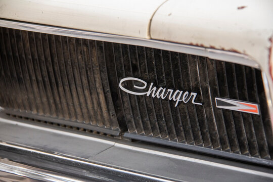Tehran, Iran - February 18, 2017 - front and close view of 1968 dodge charger vintage car