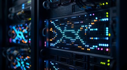 Fototapeta premium Abstract Blinking LED Lights on Server Racks in a Data Center, Creating Digital Patterns and Symbolizing Network Activity