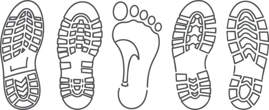Set of four shoe tread patterns and one bare footprint outline