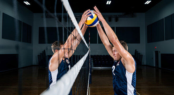 Two male athletes jump high to block a volleyball at the net during an intense indoor match, showcasing teamwork, timing, and defensive skill.