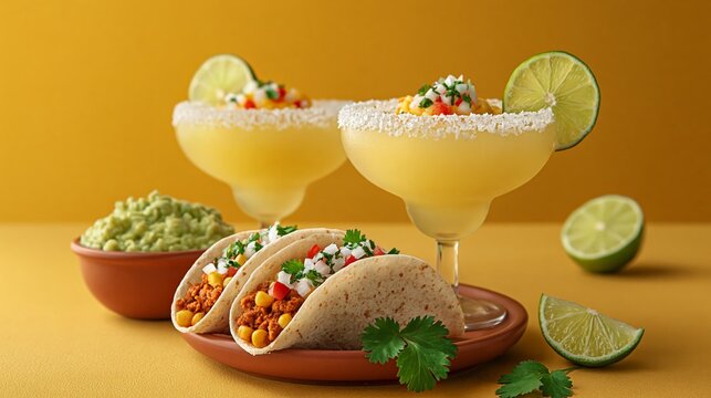 Two margarita cocktails with salt rims and lime slices alongside three tacos filled with beans, vegetables, and garnished with cilantro on a yellow background