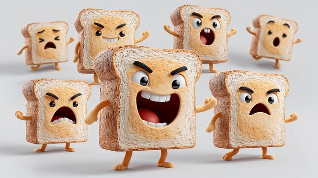 Cartoon-style animated bread slices with various facial expressions, including angry and surprised, arranged in a playful group on a light gray background