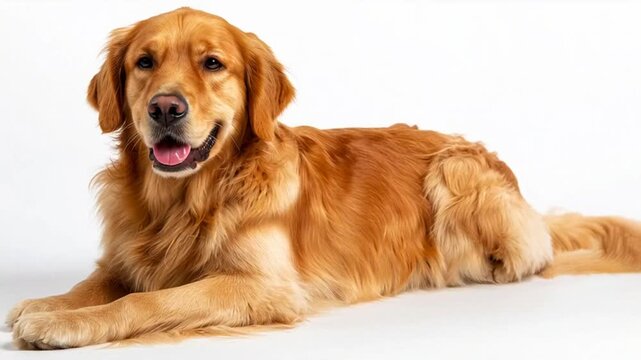 An adorable purebred golden retriever puppy and happy adult dog are sitting isolated on white background in a professional studio portrait of the loyal domestic canine breed