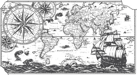 Vintage map with compass rose and sailing ship © miht3325