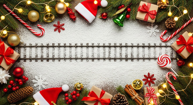 Festive Christmas Train Tracks Border with Gifts and Lights.