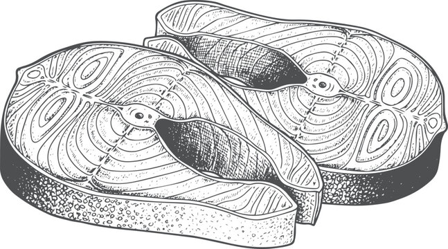 Two raw salmon steaks, black and white line