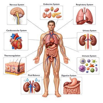 Human Body Systems Anatomy Infographic with Internal Organs and Biological Functions Illustration