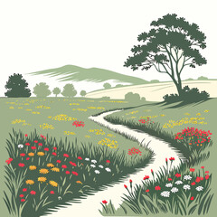 idyllic meadow landscape with winding path and lush vegetation high quality © fff
