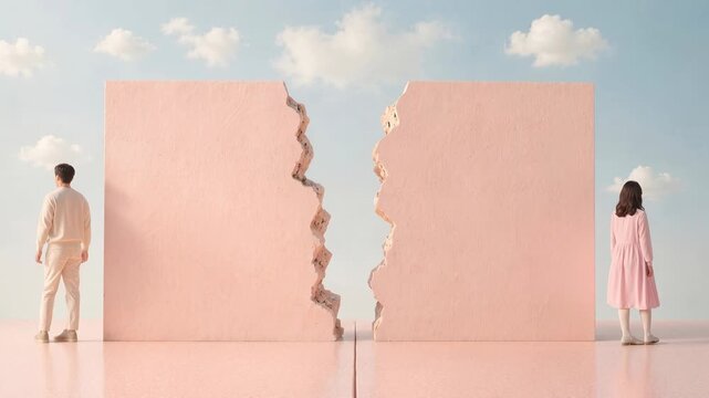 Man and woman facing a broken wall, symbolizing separation and connection. A man and a woman stand on opposite sides of a cracked pink wall