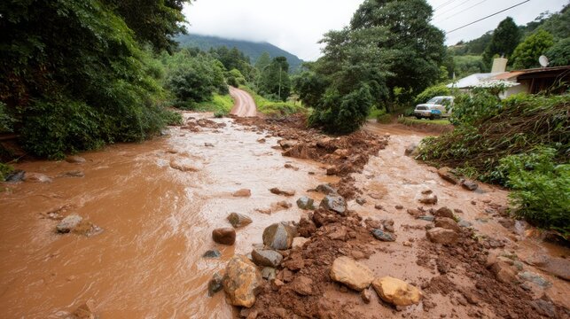 Devastating mudslide engulfs rural road and landscape, blocking passage and causing significant environmental disruption.