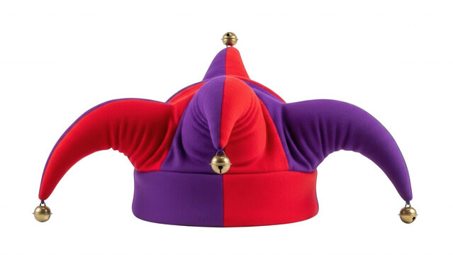 Red and purple jester hat with golden bells and points isolated on a transparent background