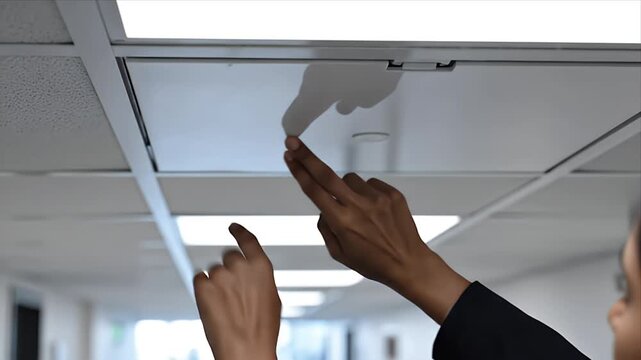 Close up of hands in dark suit checking ceiling panel for safety compliance in office hallway