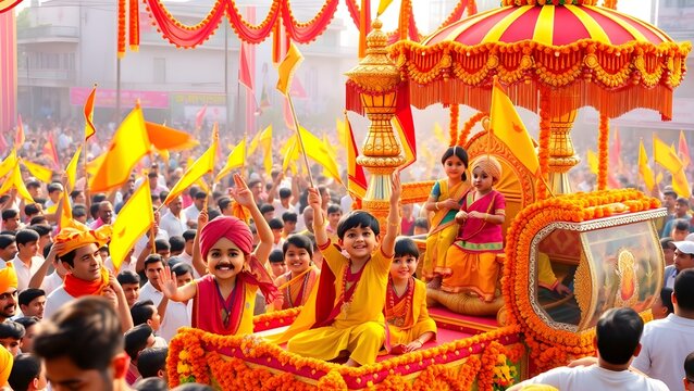 Children and adults celebrating on a decorated chariot during a festival with children celebrating decorated festival religion tradition community daylight gathering clothing religious