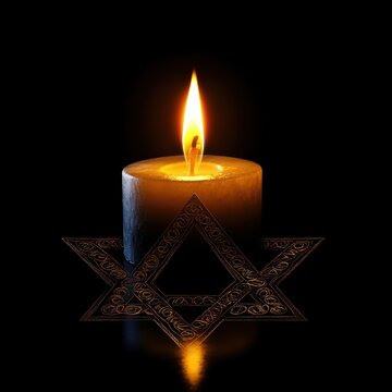lit candle with warm glowing flame above an ornate six-pointed star on a dark background, serene and solemn mood