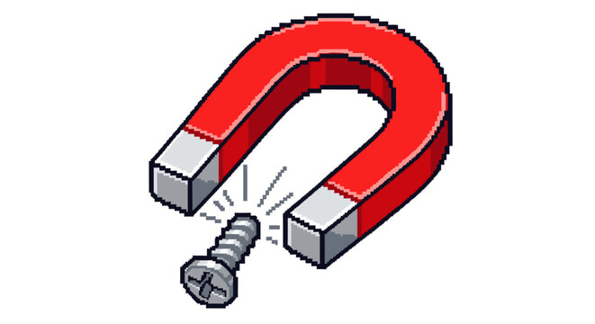 Horseshoe magnet attracting a metal screw with magnetic force.