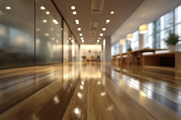 Fototapeta premium Glossy wooden floor reflecting light in a modern office hallway