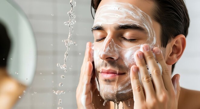 A man with his eyes closed, washing his face with white foam in a bathroom, with water splashing