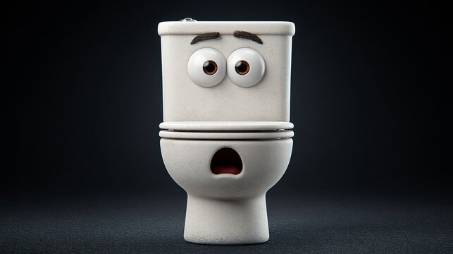 Cartoon-style toilet character with large eyes and surprised expression, set against a dark background, showcasing a playful and humorous design