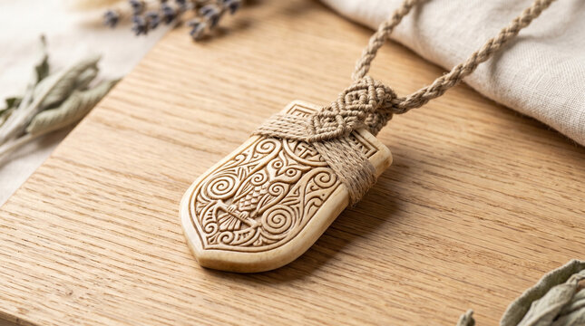 Amulet made of carved bone and twine displayed on wooden surface  