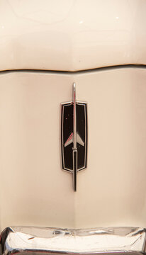 Tehran, Iran - February 18, 2017 - close up of the logo of 1972 Oldsmobile Cutlass front rocket