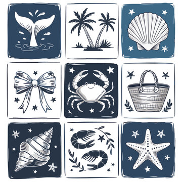 A 3x3 grid of vintage-style nautical and beach illustrations in a navy blue and white color scheme