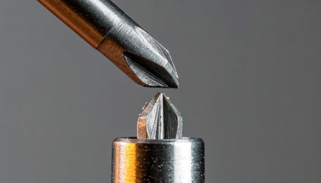Closeup of two Phillips head screwdriver bits, one above the other, ready for use