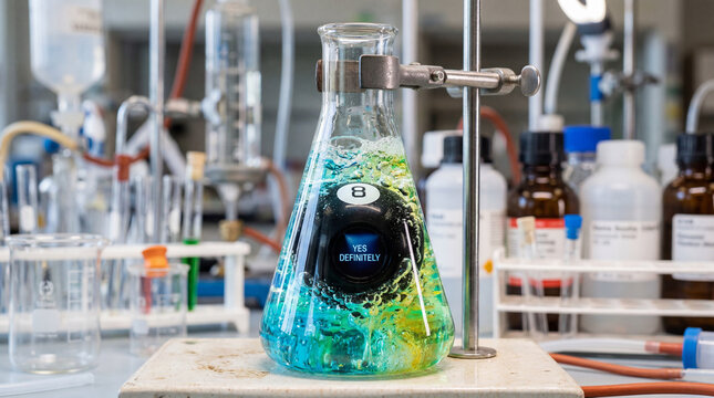 Magic 8-Ball Inside Laboratory Flask with Bubbling Chemical Liquid