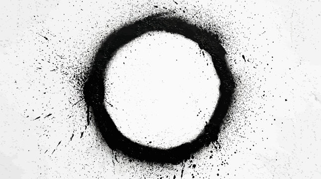 Abstract black coffee ring stain on a white background, circular ink spill with rough edges and speckled texture