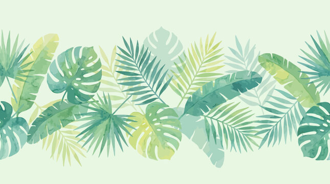 Seamless tropical foliage pattern featuring palm, monstera and banana leaves on a soft mint background for wallpaper, textiles and interior design projects.