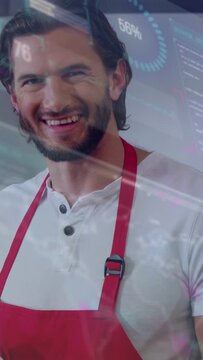 Vertical video: Cam showing baker holding basket checking loaf promoting bakery as data overlaying