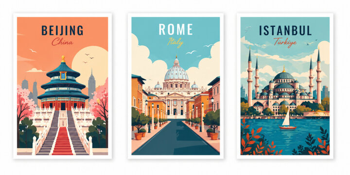 Travel posters: Beijing China, Rome Italy, Istanbul Turkey, vector illustration